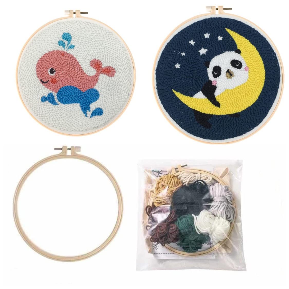 2 Pack Easy Smaller Size DIY Craft Punch Needle Embroidery Kits Rug for Hooking Beginner Kits with Stamped Color Pattern with Embroidery Pen,15cm Plastic Hoop (Dolphin,Moon Panda)