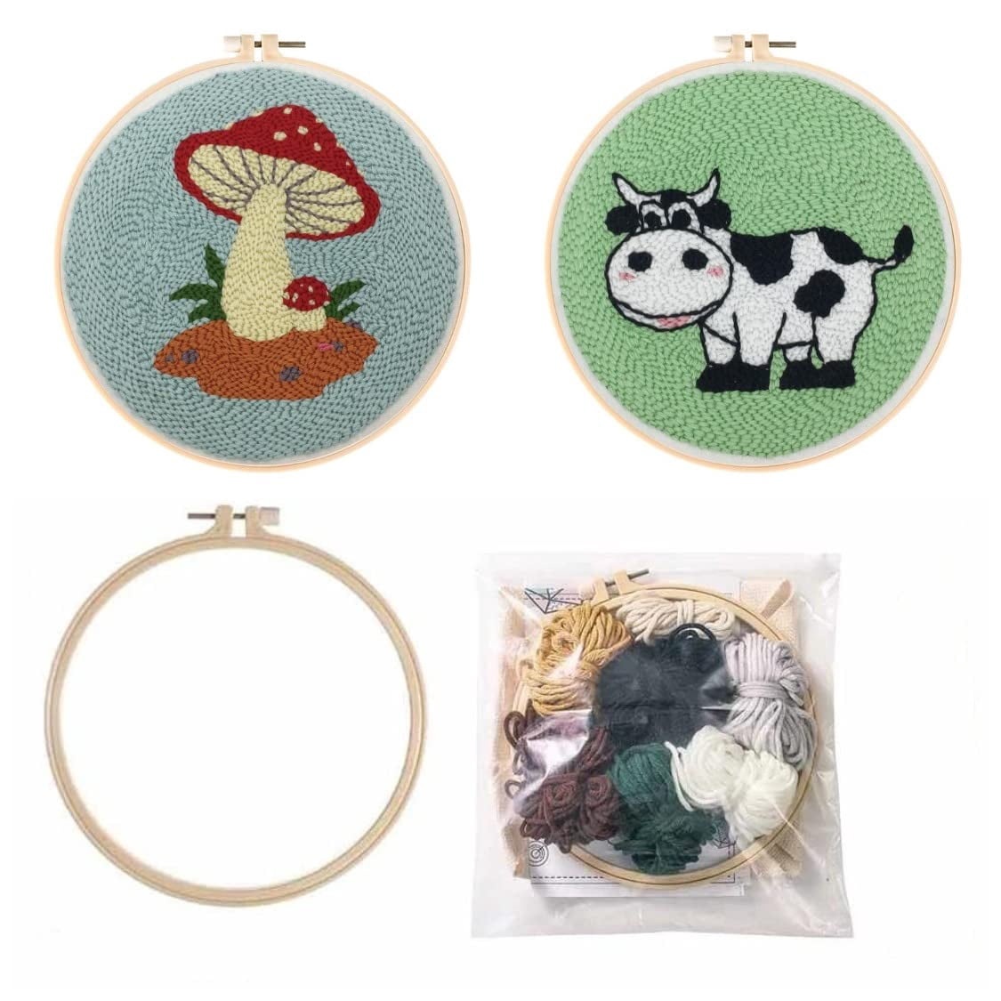 2 Pack Easy Smaller Size DIY Craft Punch Needle Embroidery Kits Rug for Hooking Beginner Kits with Stamped Color Pattern with Embroidery Pen,15cm Plastic Hoop (Mushroom,Dairy Cow)