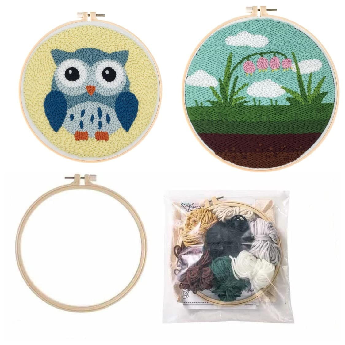 2 Pack Easy Smaller Size DIY Craft Punch Needle Embroidery Kits Rug for Hooking Beginner Kits with Stamped Color Pattern with Embroidery Pen,15cm Plastic Hoop (Owl Bird,Scenery)