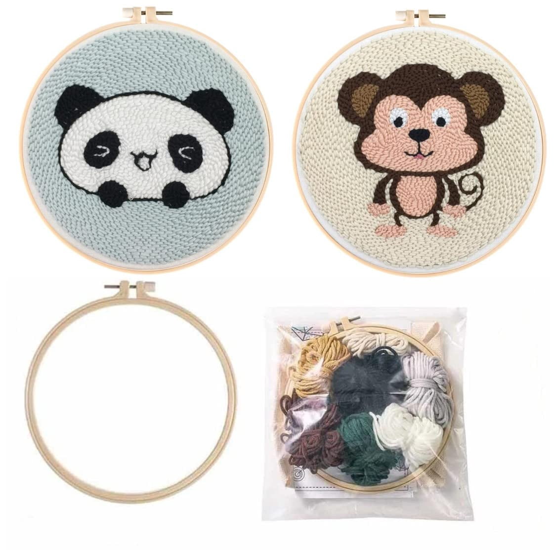 2 Pack Easy Smaller Size DIY Craft Punch Needle Embroidery Kits Rug for Hooking Beginner Kits with Stamped Color Pattern with Embroidery Pen,15cm Plastic Hoop (Panda,Monkey)