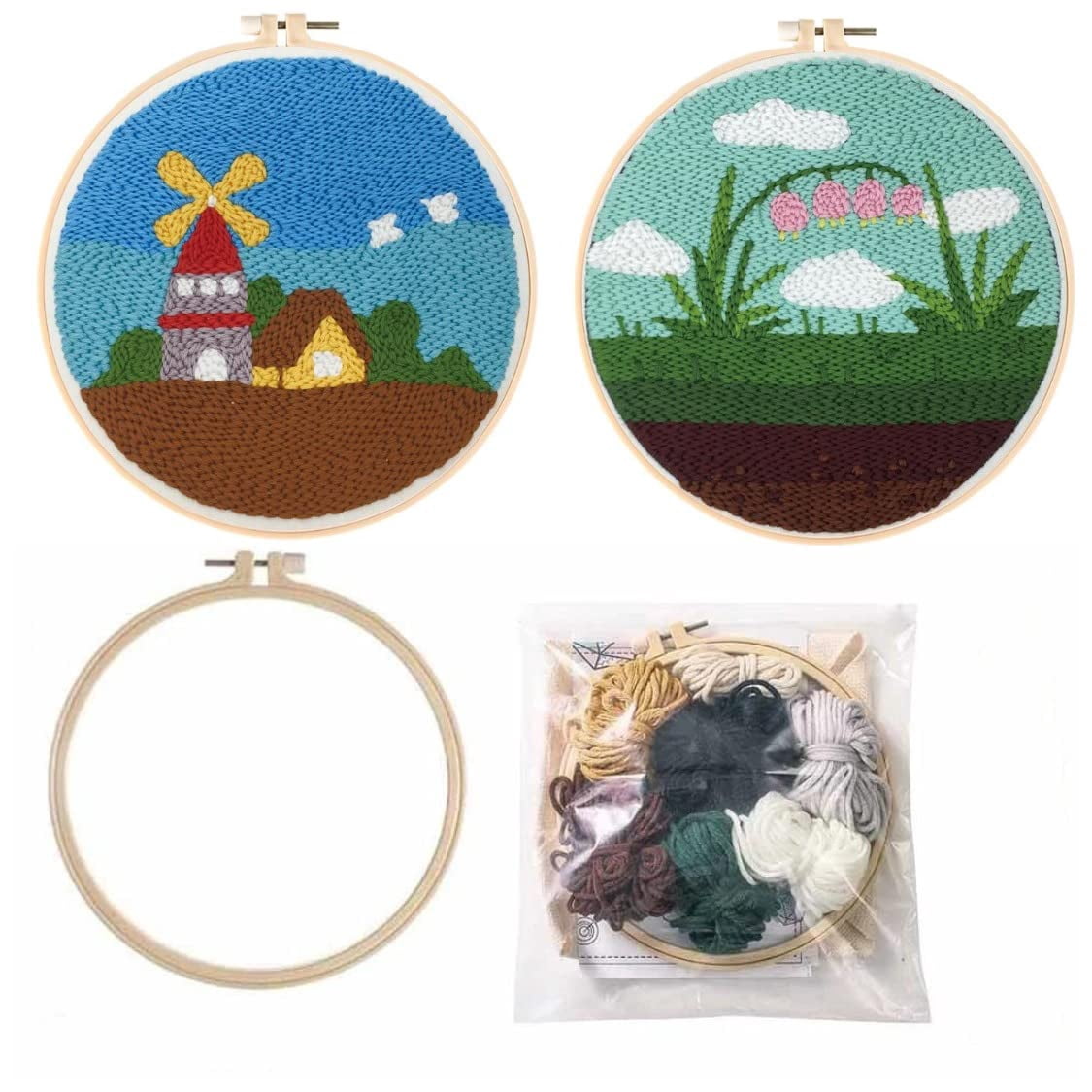 2 Pack Easy Smaller Size DIY Craft Punch Needle Embroidery Kits Rug for Hooking Beginner Kits with Stamped Color Pattern with Embroidery Pen,15cm Plastic Hoop (Scenery of Plants)