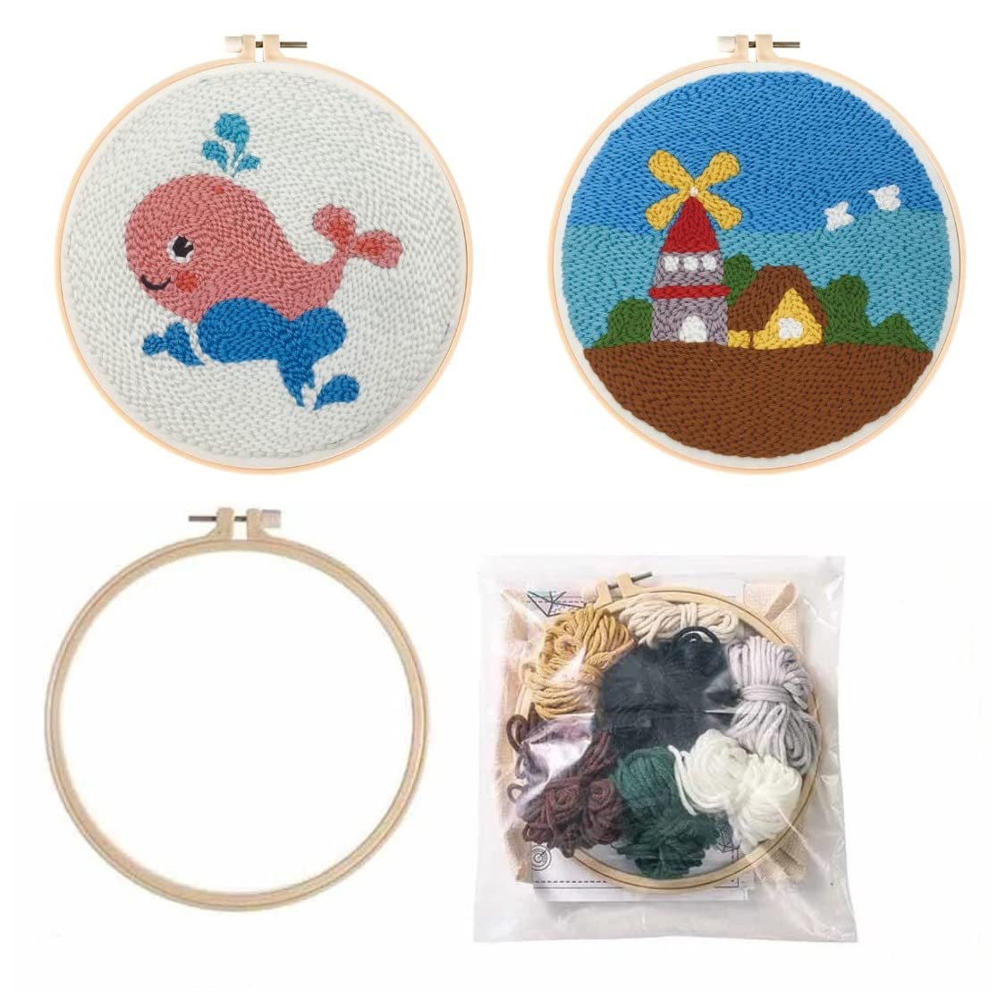 2 Pack Easy Smaller Size DIY Craft Punch Needle Embroidery Kits Rug for Hooking Beginner Kits with Stamped Color Pattern with Embroidery Pen,15cm Plastic Hoop ()