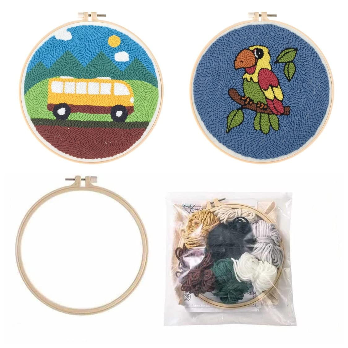 2 Pack Easy Smaller Size DIY Craft Punch Needle Embroidery Kits Rug for Hooking Beginner Kits with Stamped Color Pattern with Embroidery Pen,15cm Plastic Hoop (Bus,Parrot)