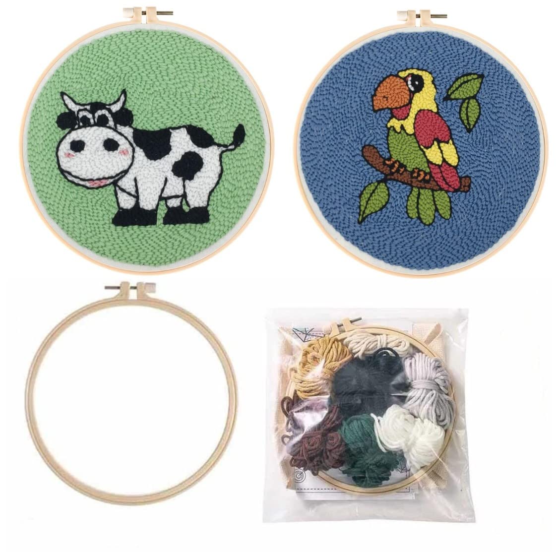 2 Pack Easy Smaller Size DIY Craft Punch Needle Embroidery Kits Rug for Hooking Beginner Kits with Stamped Color Pattern with Embroidery Pen,15cm Plastic Hoop (Dairy Cow,Parrot)