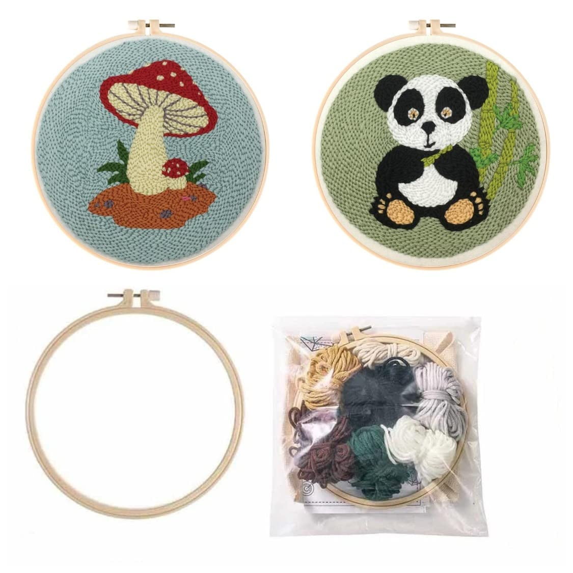 2 Pack Easy Smaller Size DIY Craft Punch Needle Embroidery Kits Rug for Hooking Beginner Kits with Stamped Color Pattern with Embroidery Pen,15cm Plastic Hoop (Mushroom,Panda)