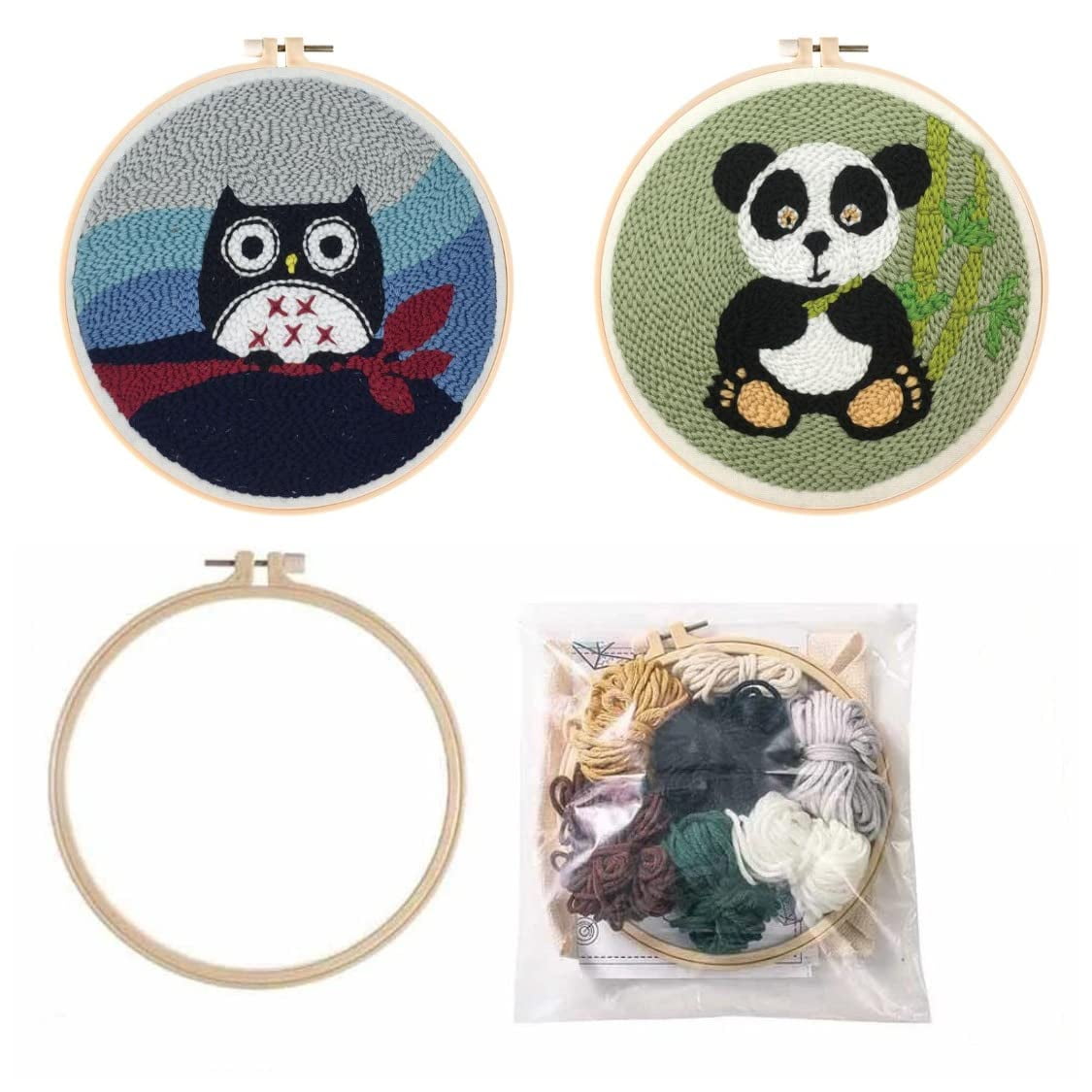 2 Pack Easy Smaller Size DIY Craft Punch Needle Embroidery Kits Rug for Hooking Beginner Kits with Stamped Color Pattern with Embroidery Pen,15cm Plastic Hoop (Owl.Bamboo Panda)