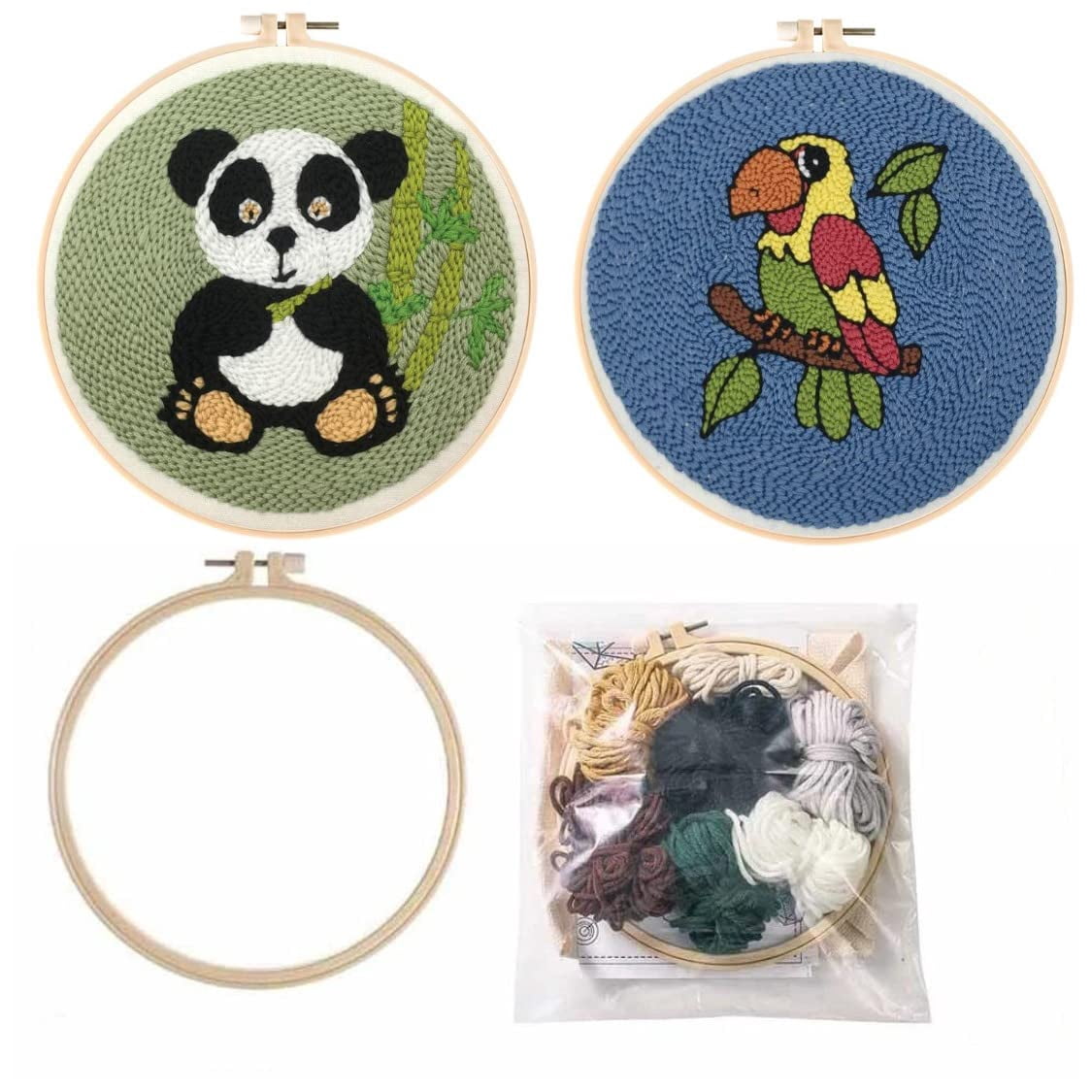 2 Pack Easy Smaller Size DIY Craft Punch Needle Embroidery Kits Rug for Hooking Beginner Kits with Stamped Color Pattern with Embroidery Pen,15cm Plastic Hoop (Panda,Parrot Bird)