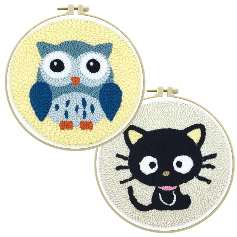 2 Pack Easy Smaller Size DIY Craft Punch Needle Embroidery Kits Rug for Starter Kits with Stamped Color Pattern with Instruction,Yarn and Wood Needle Pen,15cm Hoop (Black Cat,Owl)