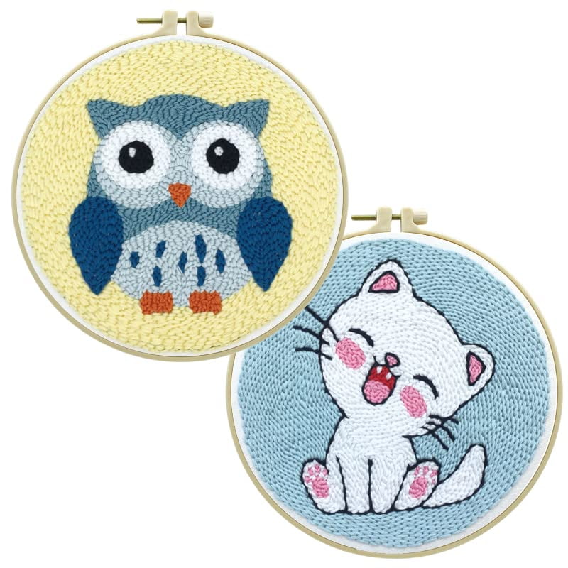 2 Pack Easy Smaller Size DIY Craft Punch Needle Embroidery Kits Rug for Starter Kits with Stamped Color Pattern with Instruction,Yarn and Wood Needle Pen,15cm Hoop (Cartoon Animal Owl,Cat)