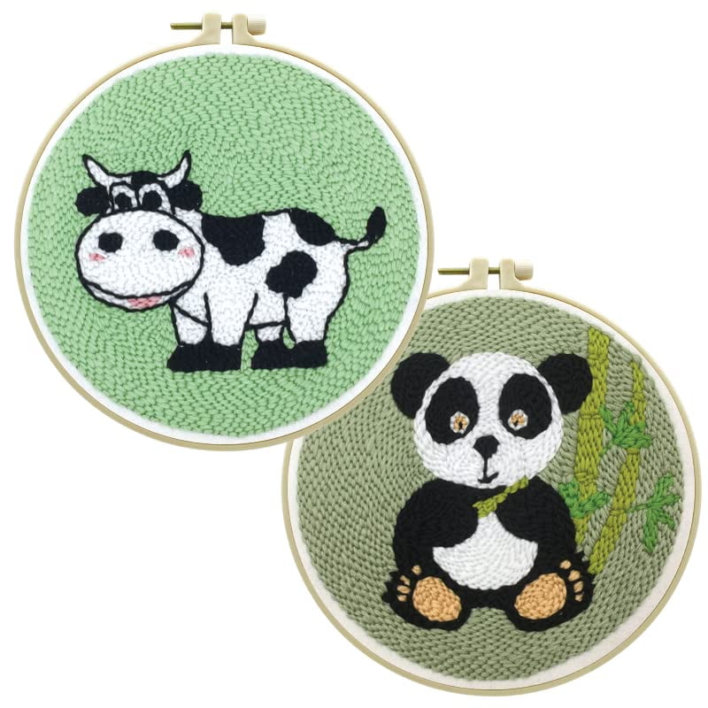 2 Pack Easy Smaller Size DIY Craft Punch Needle Embroidery Kits Rug for Starter Kits with Stamped Color Pattern with Instruction,Yarn and Wood Needle Pen,15cm Hoop (Dairy Cow,Panda)