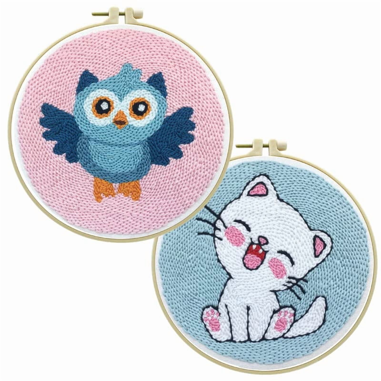 2 Pack Easy Smaller Size DIY Craft Punch Needle Embroidery Kits Rug for Starter Kits with Stamped Color Pattern with Instruction,Yarn and Wood Needle Pen,15cm Hoop (Owl,Cat)