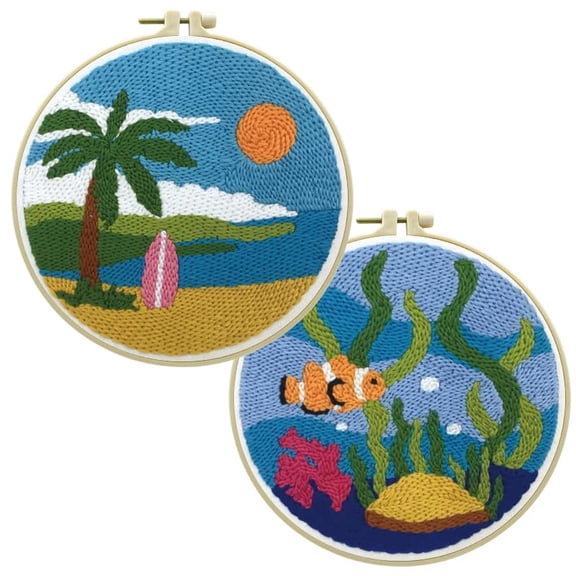 2 Pack Easy Smaller Size DIY Craft Punch Needle Embroidery Kits Rug for Starter Kits with Stamped Color Pattern with Instruction,Yarn and Wood Needle Pen,15cm Hoop (Sea Fish,Seaside Beach)