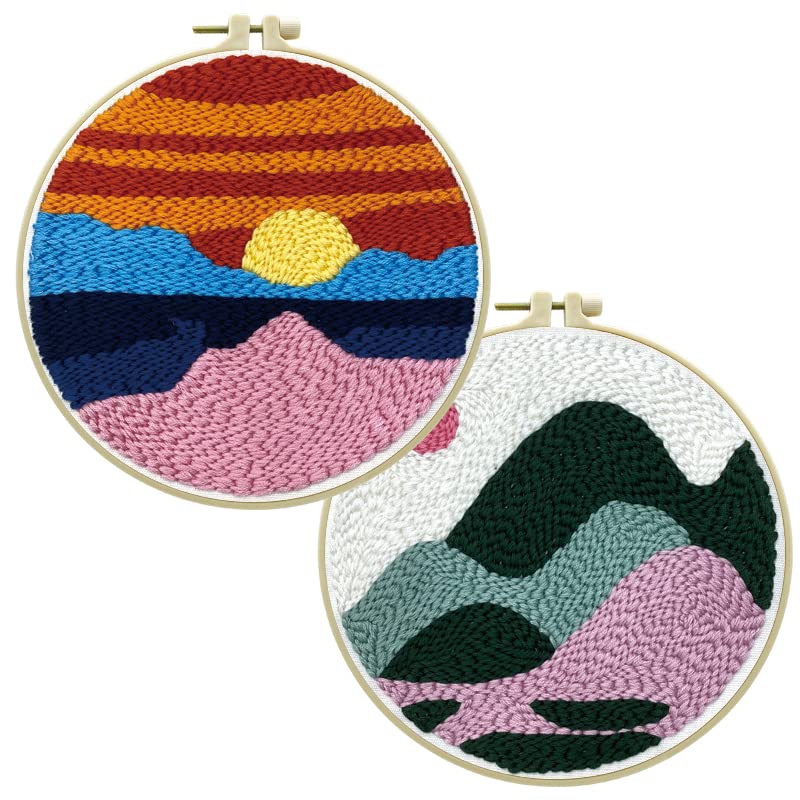 2 Pack Easy Smaller Size DIY Craft Punch Needle Embroidery Kits Rug for Starter Kits with Stamped Color Pattern with Instruction,Yarn and Wood Needle Pen,15cm Hoop (Sunset,Mountains)