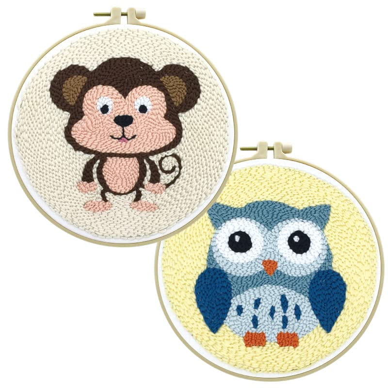 2 Pack Easy Smaller Size DIY Craft Punch Needle Embroidery Kits Rug for Starter Kits with Stamped Color Pattern with Instruction,Yarn and Wood Needle Pen,15cm Hoop (Monkey,Owl)