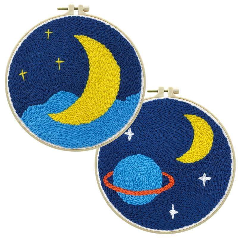 2 Pack Easy Smaller Size DIY Craft Punch Needle Embroidery Kits Rug for Starter Kits with Stamped Color Pattern with Instruction,Yarn and Wood Needle Pen,15cm Hoop (Moon and Universe)