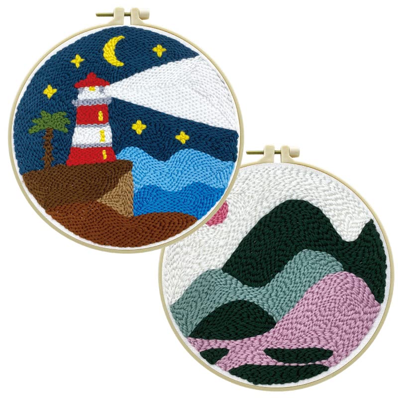 2 Pack Easy Smaller Size DIY Craft Punch Needle Embroidery Kits Rug for Starter Kits with Stamped Color Pattern with Instruction,Yarn and Wood Needle Pen,15cm Hoop (Mountains,Lighthouse)