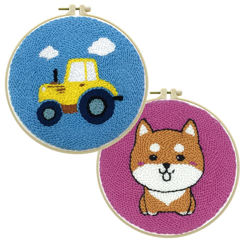 2 Pack Easy Smaller Size DIY Craft Punch Needle Embroidery Kits Rug for Starter Kits with Stamped Color Pattern with Instruction,Yarn and Wood Needle Pen,15cm Hoop (Truck,Dog)