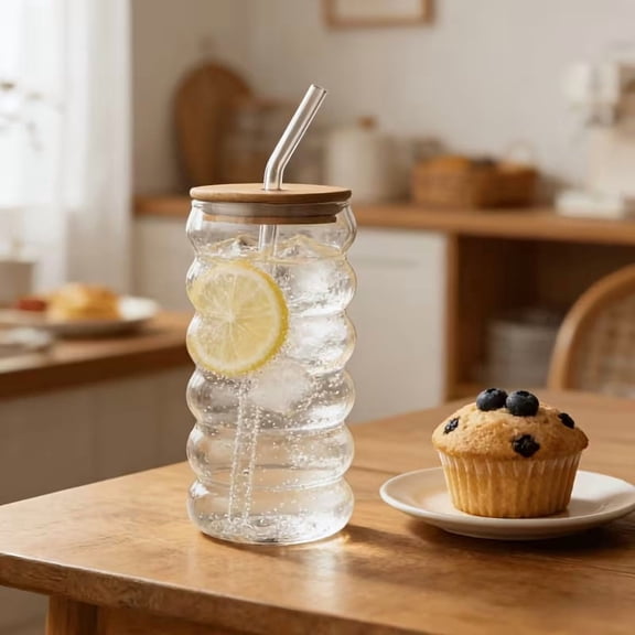 2-Pack Eco-Friendly Multi-Layer Circular Glass Cups with Bamboo Lids & Glass Straws for Cold Drinks