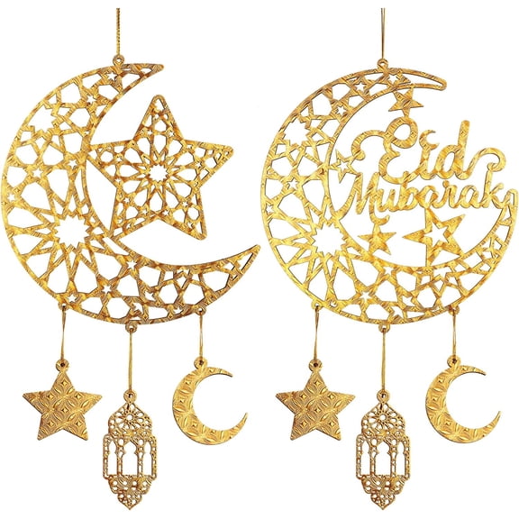 2 Pack Eid Mubarak Wooden Door Signs, Ramadan Kareem Hanging Moon & Star Decorations with Lantern and Castle, Hollow Moon Wall Door Hanger for Islamic Muslim Home Decor