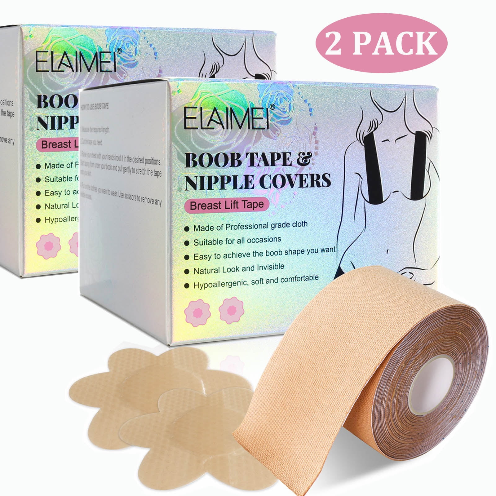 VBT 2 Pack Boob Tape - Breast Lift Tape, Body Tape for Breast Lift w 2 Pcs  Silicone Breast Reusable Adhesive Bra& 2 Pcs Fabric Nipple Covers, Bob Tape