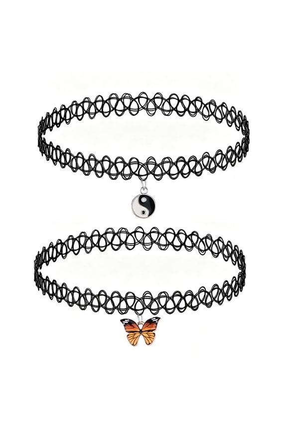2 Pack Elastic Tattoo Choker Necklaces, 90s Y2K Gothic Adjustable Nylon Stretch Collar, Multi Color Black Rainbow Purple Punk Layering Chokers for Women Daily Party Cosplay