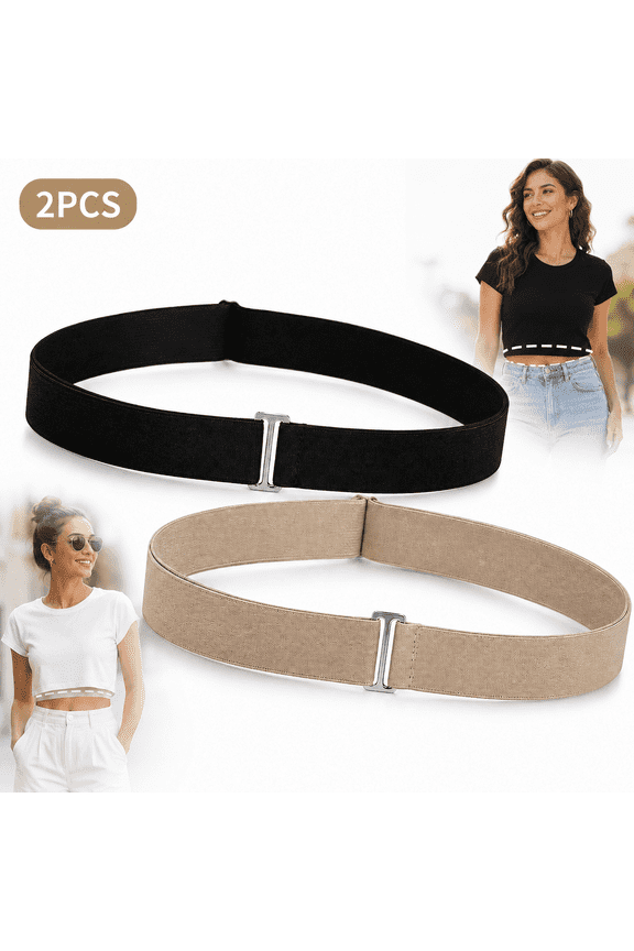 2-Pack Elastic Tuck Band for Women Adjustable Crop Top Belt for Tucking Shirts & Sweaters, Stretch Invisible Waist Belt for Crop Tops