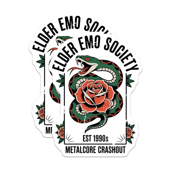 (2 Pack) Elder Emo Society Stickers - 90s Alternative Music Aesthetic - Metalcore Snake Rose Tattoo - 5" On Longest Side - Sticks to Smooth Flat Surfaces - Made in USA - BMCS21135