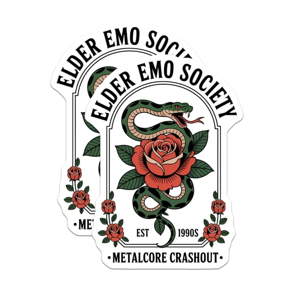 (2 Pack) Elder Emo Society Stickers - Metalcore Crashout - 90s Alternative Music - 5" On Longest Side - Sticks to Smooth Flat Surfaces - Made in USA - BMCS20249