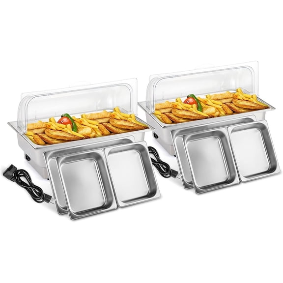2 Pack Electric 9 QT Stainless Steel Chafing Dish Buffet Set, NSF Roll Top Catering Chafer Server Warmer with Full Size & 2 Detachable Pans,Transparent PC Lid for Party Wedding