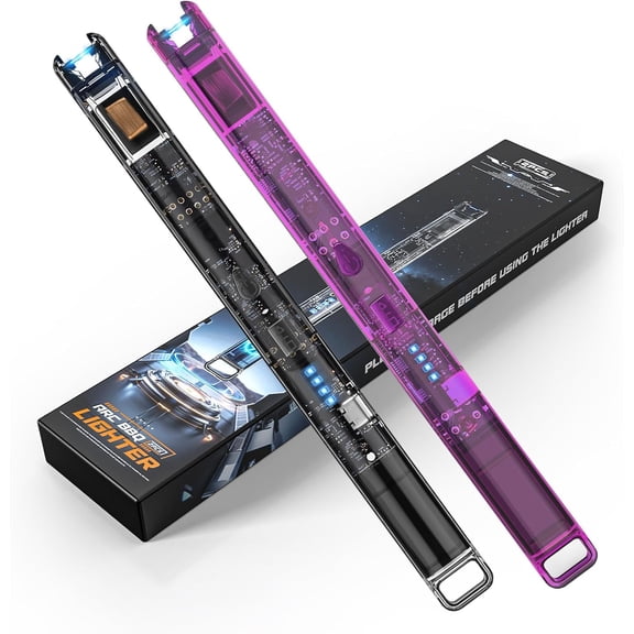 2 Pack Electric Candle Lighters - 7.4 inch Long USB Rechargeable Plasma Arc Lighter with Safety Lock, Windproof for Candles, Grill, Camping See-Through Tech Design, Stoc Stuffers