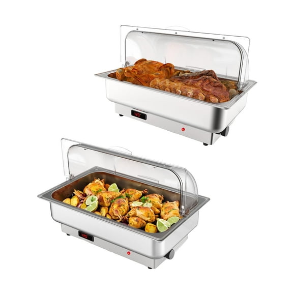 2 Pack Electric Chafing Dish Buffet Set 9QT Adjustable Temp Roll Top Food Warmer with Full Size Pan,Stainless Steel Buffet Servers and Warmers,Temp Display Transparent Lid Chafers for Parties Weddings