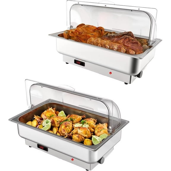 2 Pack Electric Chafing Dishes 9 QT Roll Top Food Warmer with Full Size Pan, Stainless Steel Buffet Servers with Temp Display, for Parties, Wedding, Hotels