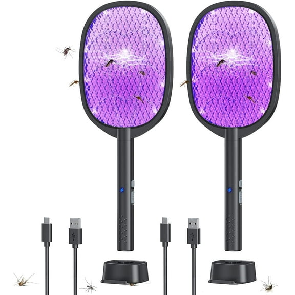 2 Pack Electric Fly Swatter 2 in 1 Bug Zapper Racket & Mosquito Zapper,4000V with USB Charging BasePowerful Mosquito Swatter with 3 Layers of Safety Net Suitable for Indoor and Outdoor