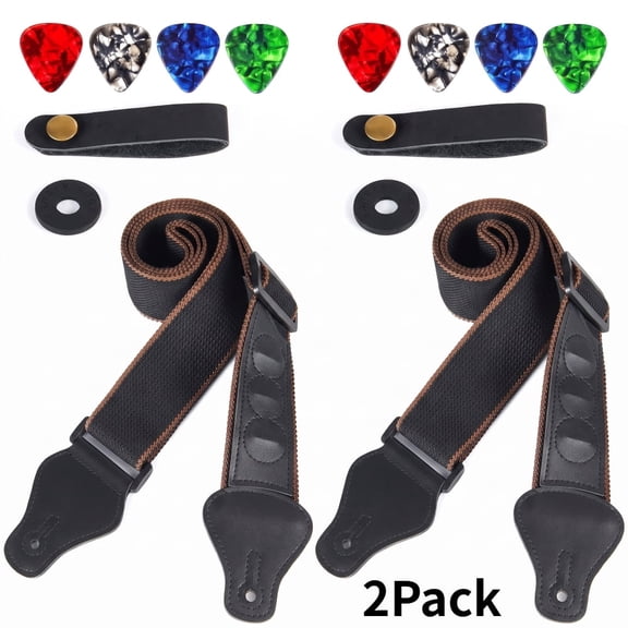 2 Pack Electric Guitar Strap Adjustable Comfort Padded with 6 Pick Holders & Button Headstock Adaptor, for Acoustic Guitar & Bass
