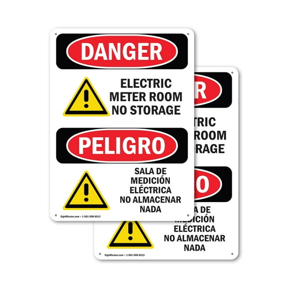 (2 Pack) Electric Meter Room No Storage Bilingual OSHA Danger Sign 18 Inch X 24 Inch Indoor / Outdoor Rust-Free Aluminum Metal Signs for Workplace, Workshop, and Construction Site, Made
