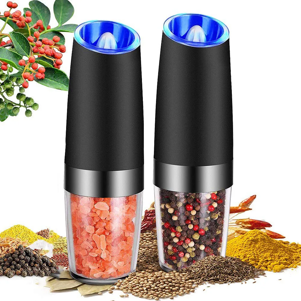 XEENSO 2 Pack Electric Pepper and Salt Grinder Set, Adjustable Coarseness, Battery Powered with LED Light, One Hand Automatic Operation, Stainless Steel, Black