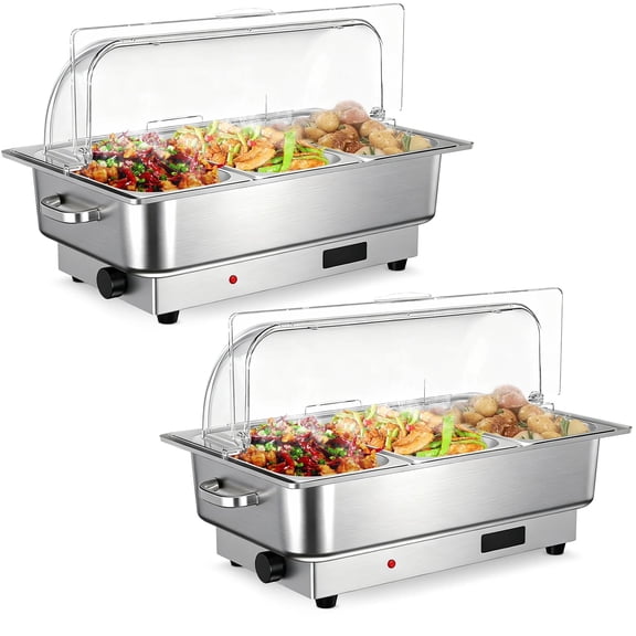2-Pack Electric Roll Top Chafing Dish Buffet Set, 9 Qt Stainless Steel Food Warmer Server - Clear PC Lid - 400W Adjustable Thermostat 86–200°F - 3 x 3 Qt Compartment Pans - 3 x 1/3 Gastronorm Pans