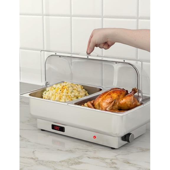 2-Pack Electric Roll Top Chafing Dish Buffet Set, 9 Qt Stainless Steel Food Warmer Server - Clear PC Lid - 400W Adjustable Thermostat 86–200°F - Includes 1 Full-Size + 2 Half-Size Pans