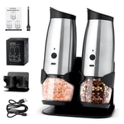 YEERSWAG Electric Salt and Pepper Grinder Set 2 Pack, Rechargeable Automatic Pepper Mill with Charging Base & LED Light, 6 Adjustable Coarseness, Stainless Steel One-Handed Operation