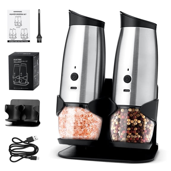 YEERSWAG Electric Salt and Pepper Grinder Set 2 Pack, Rechargeable Automatic Pepper Mill with Charging Base & LED Light, 6 Adjustable Coarseness, Stainless Steel One-Handed Operation