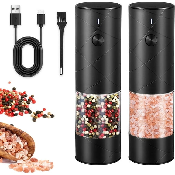 2 Pack Electric Salt and Pepper Grinder Set, Haomacro USB Rechargeable Pepper Grinder Mill with LED Light, Adjustable Coarseness Large Capacity Automatic Pepper Mills Salt Grinders for Kitchen