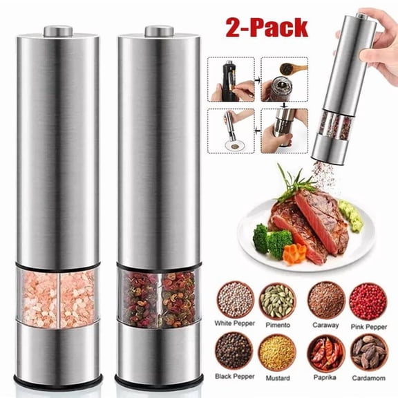 2-Pack Electric Salt and Pepper Grinder Set, Stainless Steel Automatic Mill with Adjustable Coarseness, Battery-Operated, LED Light, Refillable for Kitchen Cooking