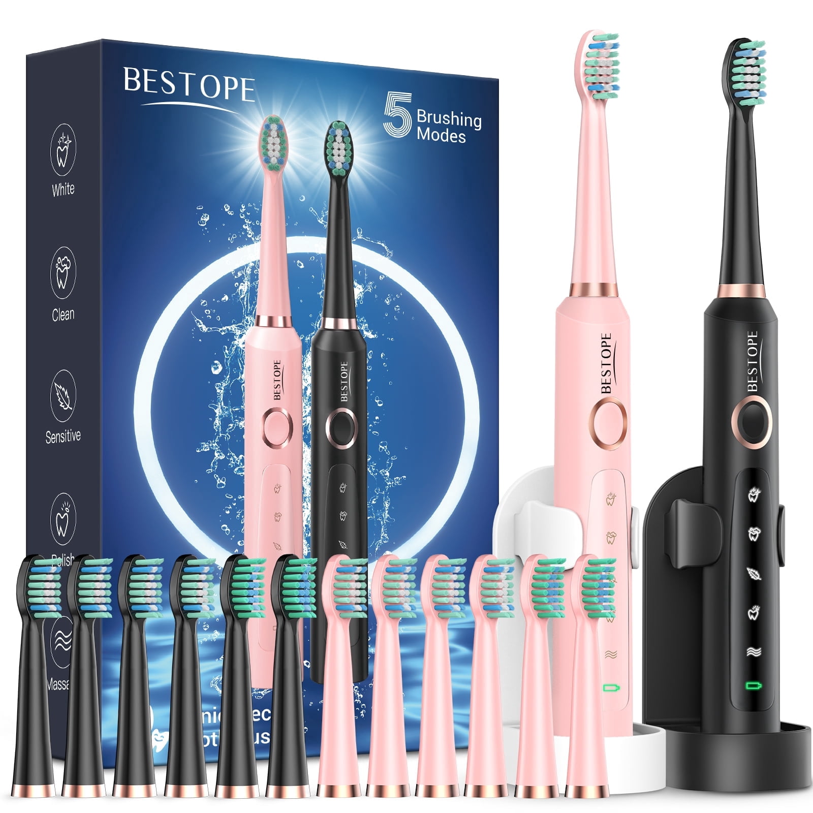 Bestope 2 Pack Electric Toothbrush for Adults - 2 Rechargeable Electric Toothbrushes with 12 Brush Heads & 2 Travel Case, Power Electric Toothbrush with Holder, 3 Hrs Charge for 120 Days - Black+Pink