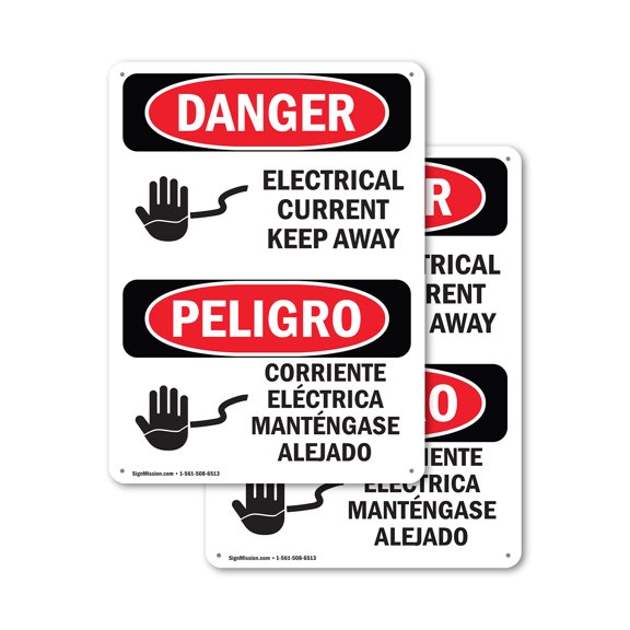 (2 Pack) Electrical Current Keep Away Bilingual OSHA Danger Sign 7 Inch X 10 Inch Plastic Sign, Weather Resistant, UV Protected for Workplace, Business, and Construction Site, Made in