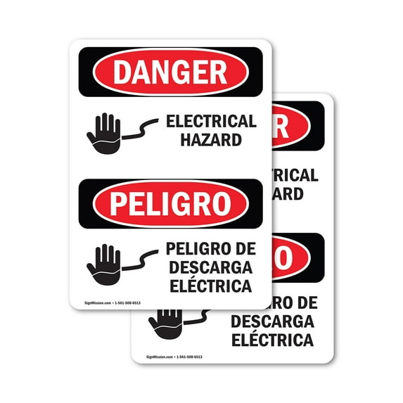 (2 Pack) Electrical Hazard Bilingual OSHA Danger Sign 5 Inch X 7 Inch Vinyl Label Decal Sticker Weather Resistant, UV Protected for Workplace, Business, and Construction Site, Made in