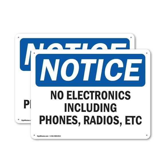 (2 Pack) No Electronics Including Phones Radios Etc OSHA Notice Sign 24 Inch X 18 Inch Indoor / Outdoor Rust-Free Aluminum Metal Signs for Workplace, Workshop, and Construction Site,