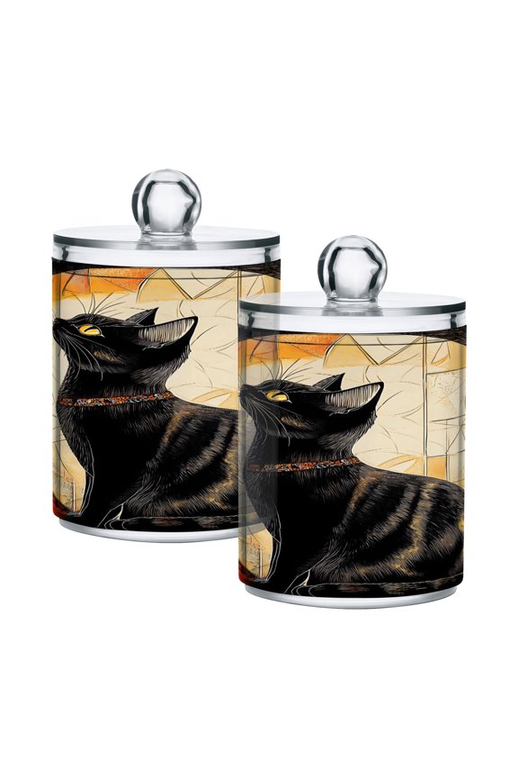 2 Pack Elegant Black Cat Qtip Holder Dispenser Clear Plastic Storage Apothecary Jars for Cotton Swabs Balls Pads Floss
