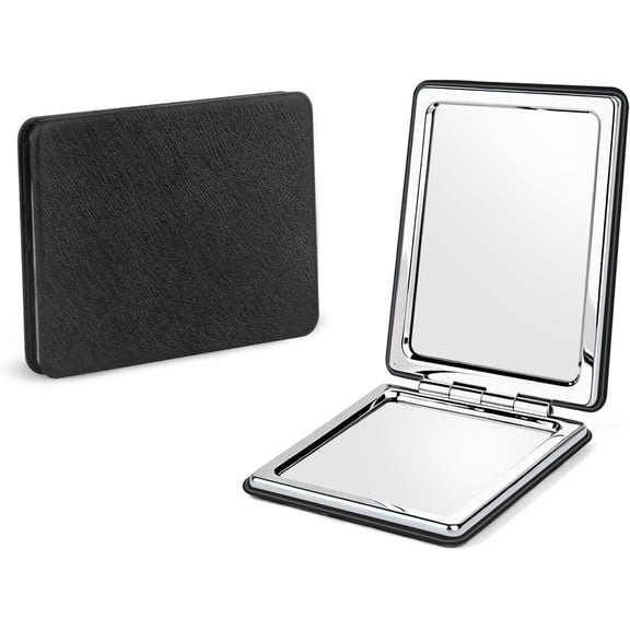 2-Pack Elegant Compact Travel Makeup Mirrors for Men Women, -Sided Folding Mirror with 1x & 2x Magnification, Handheld Portable Mirror for Pocket Purse Handbag (Elegant Black)
