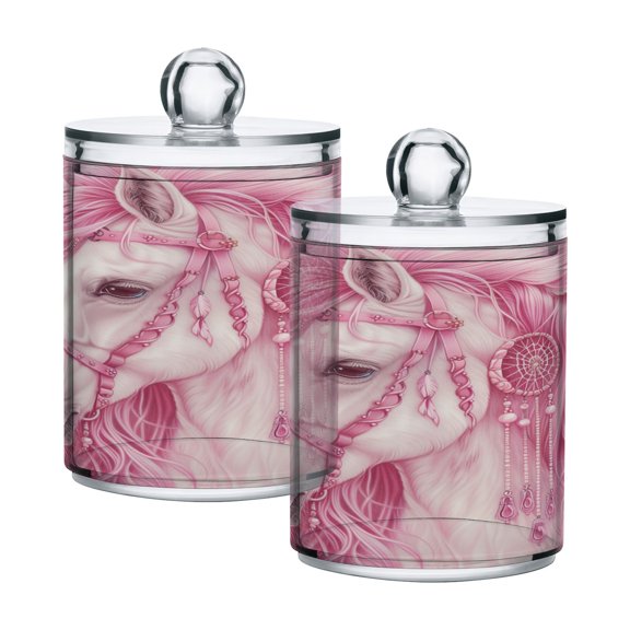 2 Pack Elegant Horse with Long Hair Qtip Holder Dispenser Clear Plastic Storage Apothecary Jars for Cotton Swabs Balls Pads Floss