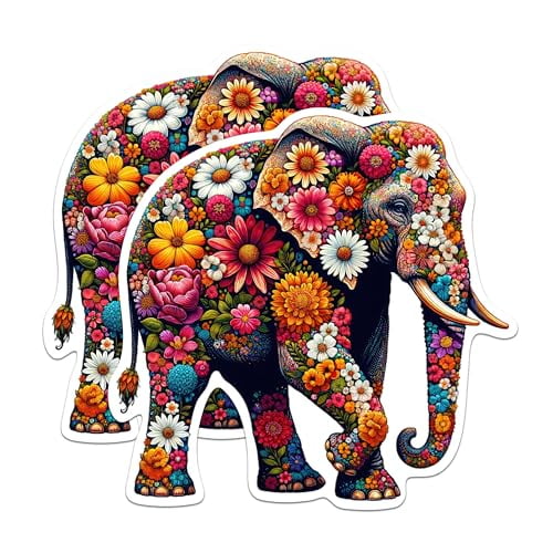 (2 Pack) Elephant with Floral Print Magnets - Cool Elephant - 5" On Longest Side - Premium Magnet - for Cars, Refrigerators, Toolboxes, Lockers - Made in USA - MAG1101